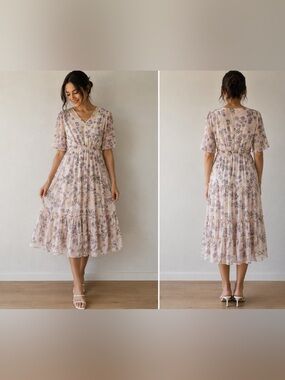 OK Lavender Floral Tiered Midi Dress Sheer Sleeve V-Neck Size Small